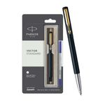 Parker Vector Standard Gold Trim Roller Ball Pen| Black Body Color | Ink Color - Blue | Novel Gifts For Professionals | Premium Pens For Personal & Professional Use