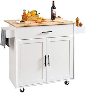 VEVOR Kitchen Island Cart with Solid Wood Top,90x39x89 cm Mobile Carts with Storage Cabinet,Rolling Kitchen Table with Spice Rack, Towel Rack, Drop Leaf and Drawer, Portable Islands on Wheels, White