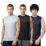 ATICX Men’s Slim Fit Polyester Sleeveless T Shirt Combo (Pack of 3_Black, Grey & Blue_L)