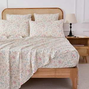 FADFAY Full Muslin Cotton Multicolor Floral Sheet Set, Soft Breathable Lightweight Sheets for Dorm, Kids Room or Guest Bed with Fitted Sheet, Flat Sheet & Pillowcases