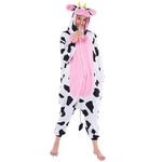 Cow Pajama, Plush Cow Costume One Piece Cow Outfit Hooded, Pink Cow Halloween Costume Sleepwear for Halloween Cosplay Parties(Large)