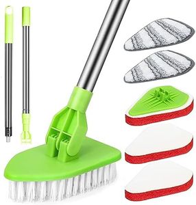 3 in 1 Shower Scrubber with Adjustable Long Handle, Bathroom Tile Cleaning Brush Scrubbing Brush with Replaceable Stiff Bristle and Sponge Scourer Tub Scrubber for Shower, Floor, Bathtub (Green)
