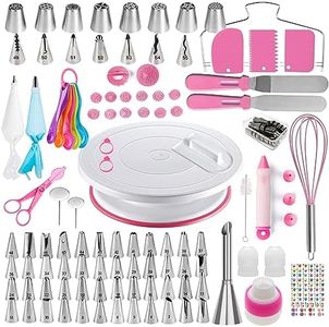 Cake Decorating Kit,137pcs Cake Decorating Supplies with Cake Turntable for Decorating,Pastry Piping Bag,Russian Piping Tips Baking Tools, Cake Baking Supplies for Beginners(Pink)