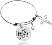 Uloveido Stainless Steel Wire Bangle Christian Bracelet Faith Over Fear Cuff Bangle Cross Pearl Pendant Religious Jewelry for Women 2.5" Y534