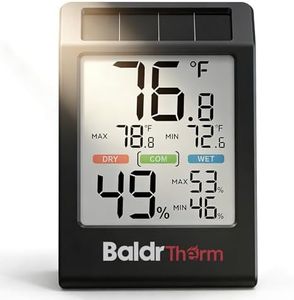 BALDR Indoor Thermometer Hygrometer, Solar Power with Battery Backup, Large Display, Daily Max/Min & Comfort Indicator Humidity Meter