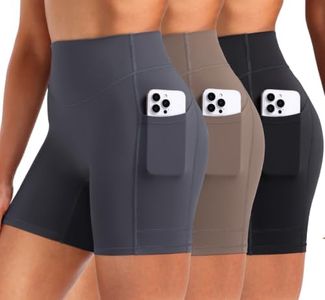 ENERBLOOM Biker Shorts for Women with Pockets, 5" Spandex Workout Shorts, Lightweight for Summer Cycling Running Yoga Gym Black Grey Coffee Small