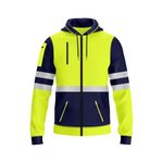 NOROZE Mens Hi-Viz Front zip Hoodie Reflective Tape High Visibility Safety Coat With 5 Zip Utility Phone & Gadget Pockets Sweatshirt Top Jacket (M, Style 1: Neon Green/Navy)