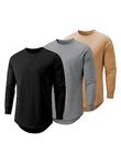 JMIERR Mens 3 Pack Cotton Hipster Hip Hop Longline Crewneck T-Shirt, B-black/Dark Gray/Khaki, XX-Large