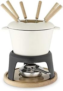 Twine Farmhouse Kitchen Enamel Cast Iron Fondue Set Cheese Melting Pot Metal Stand with Stainless Steel Forks and Chrome Gel Burner, 8.5", Off-Cream