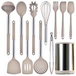 Keidason Kitchen Cooking Utensils Set, 12-Piece Non-Stick Silicone Kitchen Cookware Spatula Set with Holder,BPA-Free,Silicone Handle Kitchen Tools,Turner,Spoon Tongs Whisk,Brush (Khaki)