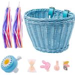 Kids Bike Basket Streamers Bell Set, Bike Handlebar Wicker Basket with 4pcs Girl Hair Clips, Colorful Bike Streamers Bell for Kids' Bike, Scooter (Blue)