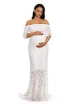 ZIUMUDY Women's Off Shoulder Ruffles Lace Maternity Gown Maxi Photography Baby Shower Dress (X-Large, White)