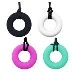 Silicone Chewing Necklace for Adult & Small Baby to Wear, Donut Shape Sensory Oral Motor Assistant for Autism, ADHD, Soft Nursing Teething Pendants (4 Pack, Black, White, Pink, Light Green)