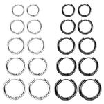 Hoop Earrings for Men, 10 Pairs Stainless Steel Hoop Huggie Earrings for Men, Black and Sliver Piercing Cartilage Hoops Set, Hypoallergenic Unisex Hoop Earrings for Women Men 8/10/12/14/16 mm