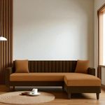 FURNY Grovika Fabric 4 Seater Convertiable L Shape Sofa Set 3 Seater Modern Sofa Set & Ottoman for Living Room (Brown-Camel) with Velvet Fabric