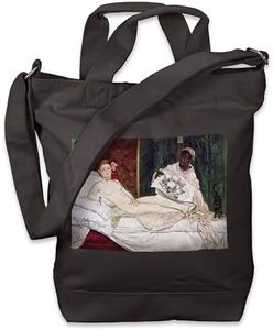 Kiwistar Sac de courses en toile Tote Bag - Sac de transport imprimé - Compartiment supplémentaire pour smartphone et portefeuille - Anses longues et courtes - Cabas, Edouard Manet Olympia_Noir,