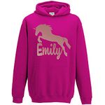 Girls Rose Gold Custom Name Unicorn Hoodie, Personalised Cute Unicorn Gifts For Girls, Unique and Simple Cute Birthday Hoody Boys Kids, Hooded Jumper Gift, Bright Pink, 9-11 Years