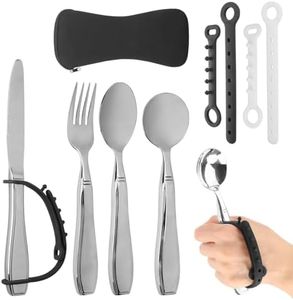 Weighted Utensils with Universal Cuff by Tilcare - Weighted Utensils for Hand Tremors & Parkinson's Patients Set with a Bag, 4 Universal Cuff Straps, Fork, Knife and 2 Spoons