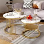 Decoration Crown Round Shape Coffee Table for Nesting Tables Modern Sofa Side Table with Golden Metal Frame and White Finish Top for Living Room Bedroom (Set of 2) (White & Golden)