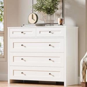 SunsGrove White Chest of Drawers for Bedroom with 5 Drawers, 39.4 Inch Wooden Dresser, Modern Drawer Dresser for Bedroom, Living Room, Porch