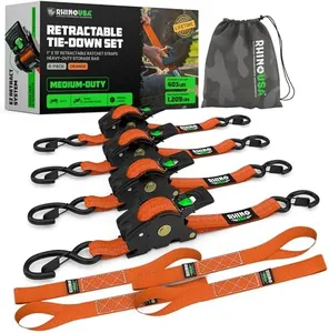 Rhino USA Retractable Ratchet Tie Down Straps (4PK) - 1,209lb Guaranteed Max Break Strength, Includes (4) Ultimate 1" x 10' Autoretract Downs with Padded Handles. Use for Boat, Securing Cargo