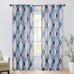 Beauoop Grommet Lattice Moroccan Tile Print Curtains 84 Inches Long Quatrefoil Geometric Linen Like Semi Sheer Curtain Window Treatment Set for Living Room Kitchen, Set of 2, 50 x 84 Inch, Blue/Gray