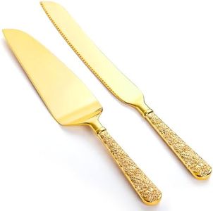 Dicunoy 2 PCS Gold Cake Knife and Server Set, Wedding Cake Cutting Utensils, Vintage Engraved Cake Cutter and Serving Spatula for Birthday, Party, Anniversary