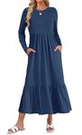 WNEEDU Womens Fall Dresses Long Sleeve Maxi Dress Crewneck Casual Flowy Tiered Swing Dress with Pockets, Navy Blue L