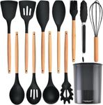 ALLWIN HOUSEWARE W 12 Pcs Silicone Cooking Utensils Kitchen Utensil Set With Holder Heat Resistant Silicone Spatula Turner Set Wooden Spoons Kitchen Gadgets Tools Cooking Utensils (Black,12)