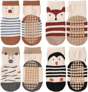 Simpeak 4 Pairs Baby Non Slip Grip Socks Unisex, Cotton Breathable Animal Children Floor Crawling Socks, Anti-Slip Toddler Crew Socks, Non Slip Ankle Socks for 3-5 Year Old Girls Boys Kids