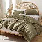 YIRDDEO Queen Comforter Set - Comforter Queen Size Sets with Ball Pom Fringe, Soft Bedding Set for All Seasons - 3 Pieces, 1 Comforter (90"x90") & 2 Pillow Shams (20"x26"), Olive Green