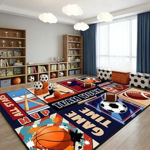 BATATADOCE 9x12 Feet Sports Rug for Boys Bedroom Large Basketball Football Baseball Soccer Area Rug for Kids Room Playroom Game Classroom Floor Decor Sports Theme Carpet