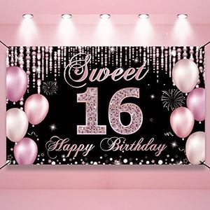 HTDZZI Sweet 16 Birthday Decorations, Happy 16th Birthday Banner Backdrop for Girls, Pink Sweet Sixteen Party Yard Sign Decor, Sweet 16 Photo Booth Props Background, Fabric, 6.1ft x 3.6ft