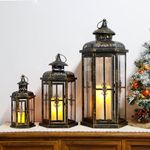 JHY DESIGN Set of 3 Decorative Candle Lanterns 50cm&36cm&25cm High Outdoor Candle Lanterns Vintage Metal Candle Holder for Indoor Outdoor, Events, Parities and Weddings(Black with Gold Brush)