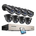 ZOSI 8CH 5MP Lite Security Camera System Outdoor with 1TB Hard Drive,8 Channel H.265+ 5MP Lite CCTV DVR and 8X1920TVL 1080P Home Surveillance Cameras,80ft Night Vision,Remote Access for 24-7 Recording