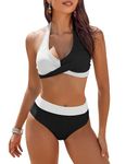 Vozobi Womens Bikini Sets Two Piece High Waisted Swimsuits Tummy Control Bathing Suits Halter Tie Tops Cheeky Bottom Swimwear Black White