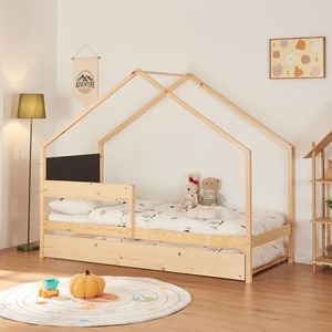 [en.casa] Lit Cabane Gigogne Lit Enfant avec Couchage Supplémentaire pour Invités en Forme de Maison Capacité 100 kg Bois de Pin Contreplaqué 90 x 200 cm Naturel Noir