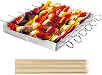 Unicook Heavy Duty Stainless Steel Barbecue Skewer Shish Kabob Set, 6pcs 13”L Reusable Skewer Sticks with Foldable Grill Rack, Keep Food from Sticking to the Grill Grate, Bonus of 50pcs Bamboo Skewers