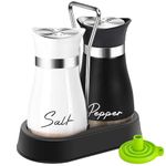 UDQYQ Salt and Pepper Shakers Set with Holder,Cruet Sets Stainless Steel Salt and Pepper with Glass Bottom,Refillable Salt Shaker Kitchen Gadgets for Counter Modern Decor Table (Black + White)