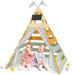 GYMAX Large Teepee Tent, Wooden Play Tent with Removable Chalkboard, Washable Flags and Door Curtains, Outdoor Indoor Kids Teepee for 3-8 Years Old Boys Girls, 136x135x170cm