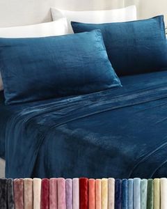 Fleece Sheets Queen Size Set - 4-Piece Velvet Flannel Sheet Set - Super Soft Fleece Bedding - 1 Flat & 1 Fitted and 2 Pillowcases - Cozy Warm, Comfy & Plush - Deep Pockets, Fuzzy & Anti-Static - Navy