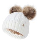 Creekstone Satin Lined Winter Beanie Hats for Women Girls, Warm Knit Hats with Faux Fur Double Pom Pom Ears (CA/US, Alpha, One Size, White)