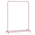 SONGMICS Clothes Rack with Wheels, 35.8 Inch Garment Rack, Clothing Rack for Hanging Clothes, with Dense Mesh Storage Shelf, 110 lb Load Capacity, 2 Brakes, Steel Frame, Jelly Pink UHSR025P01