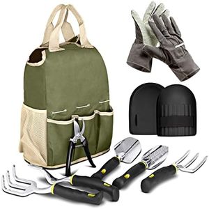 Botana Garden Tools Set 9-Piece – Heavy Duty Aluminum Gardening Supplies, Ergonomic Handles, Multi-Pocket Tote Bag, Pruning Shears, Knee Support Pads, Gloves, Ideal for Planting & Weeding, Green/Beige