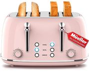 Mueller Retro Toaster 4 Slice with Extra Wide Slots Bagel, Defrost, Reheat, Cancel Function, 6 Browning Levels, Dual Independent Control Panel, Removable Crumb Tray and High Lift Lever, Pink