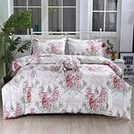 FADFAY 3Pcs Pink Rose Floral Comforter Set King Vintage Floral Summer Quilt 100% Cotton Fabric with Soft Microfiber Inner Fill Bedding Lightweight Reversible All Season Down Alternative Duvet Insert