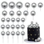 Gyufise 30Pcs Mini Balloon Cake Topper Foam Ball Cake Picks Cupcake Faux Pearl Balls DIY Cake Insert Topper Decoration for Anniversary Graduation Birthday Party Baby Shower Silver