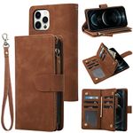 RANYOK Wallet Case Compatible with iPhone 13 Pro (6.1 inch), Premium PU Leather Zipper Flip Folio Wallet with Wrist Strap Magnetic Closure Built-in Kickstand Protective Case (Brown)