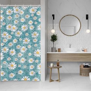 ASDCXZ Rideau de douche à fleurs, 120 x 180 cm, printemps, été, blanc, jaune, marguerite, fleurs bleues, lavable, étroit, en polyester, textile, imperméable, pour baignoire, avec 8 crochets