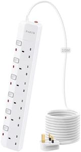 PARTH Surge Protected Extension Lead 10m Cable - 6 Plugs Extension Socket 10 Metre - Extra Long Heavy Duty Power Extension Cord with Switches/Wall Mounted Electric Surge Protection Extension Lead